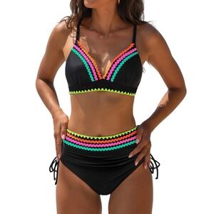 NWT Popvil Black/Neon Scallop Trim High Waisted Tie Side Bikini Set Large